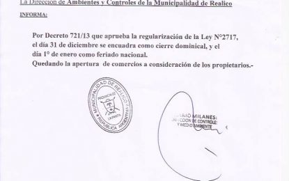 Fin de año: ¿a qué horas deben cerrar los comercios en Realicó?