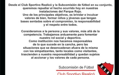 El comunicado del Club Sportivo Realicó repudiando la agresión al pibe de Pico FBC