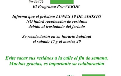 REALICO: NO HABRA RECOLECCION DE RESIDUOS EL LUNES FERIADO