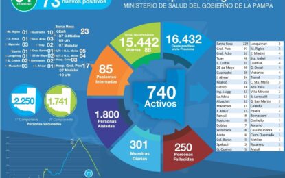COVID-19: 73 NUEVOS POSITIVOS EN LA PAMPA Y FALLECIMIENTOS. EN REALICÓ 2 NUEVOS CASOS