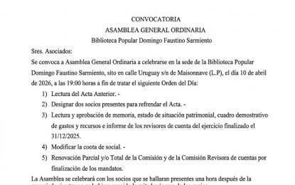 CONVOCATORIA: ASAMBLEA GENERAL ORDINARIA: BIBLIOTECA POPULAR DOMINGO F. SARMIENTO